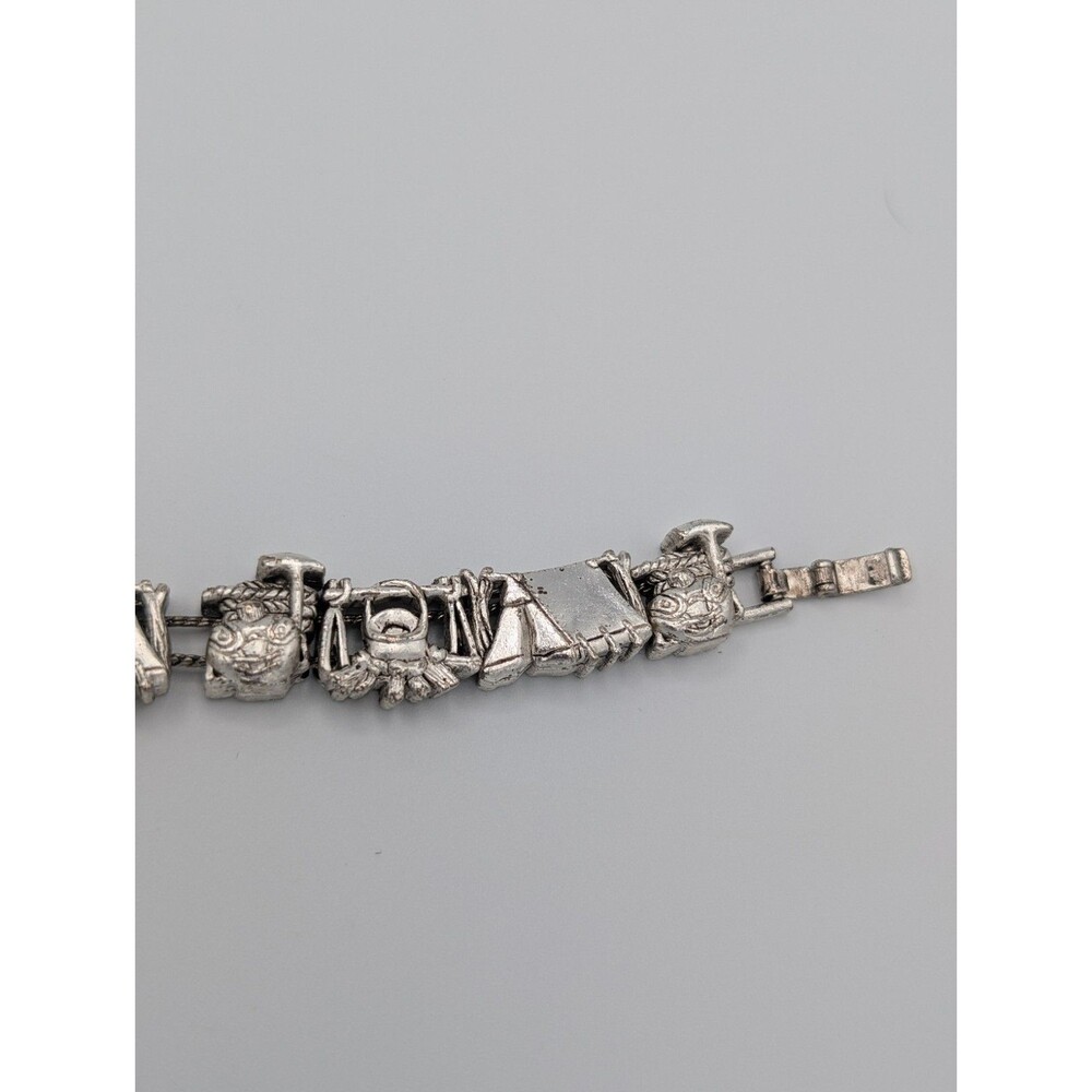 Vintage 90s Tofa BG Silver Tone Heavy Charm Bracelet Slider Camping Tent Kitschy image 3